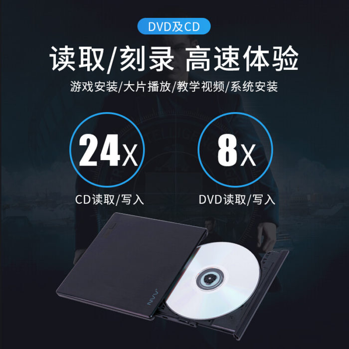 NVV ND-2 外置光驱 DVD刻录机USB移动光驱 台式机笔记本电脑高速光盘刻录机外接光驱 免装驱动 拉丝黑