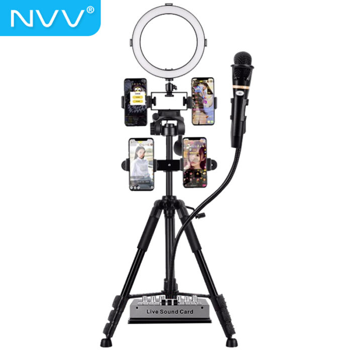NVV NS-13F四机位 手机直播支架三脚架 带美颜补光灯主播户外抖音拍照摄影网课落地三角架配声卡托盘话筒架