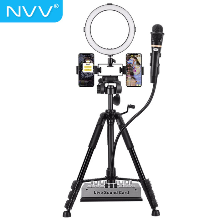 NVV NS-13S双机位 手机直播支架三脚架 带美颜补光灯主播户外抖音拍照摄影网课落地三角架配声卡托盘话筒架